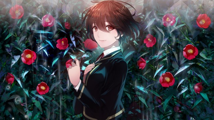 An anime-style girl holds a red camellia, surrounded by more camellias and a light rain