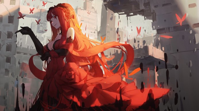 Anime girl with red hair in a red dress, pointing her finger, butterflies in the background