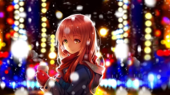 Anime girl with red hair and a scarf, holding a coffee cup in front of city lights at night