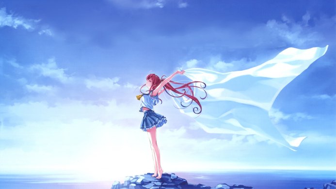 Anime girl standing on rocks with a white cloth blowing in the wind against a blue sky