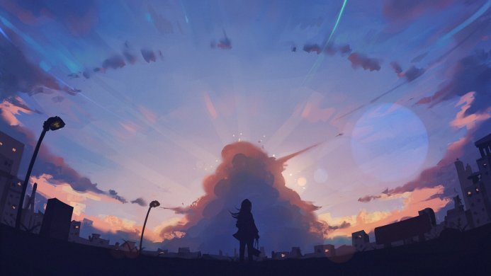 Silhouette of an anime girl against a vibrant sunset cityscape