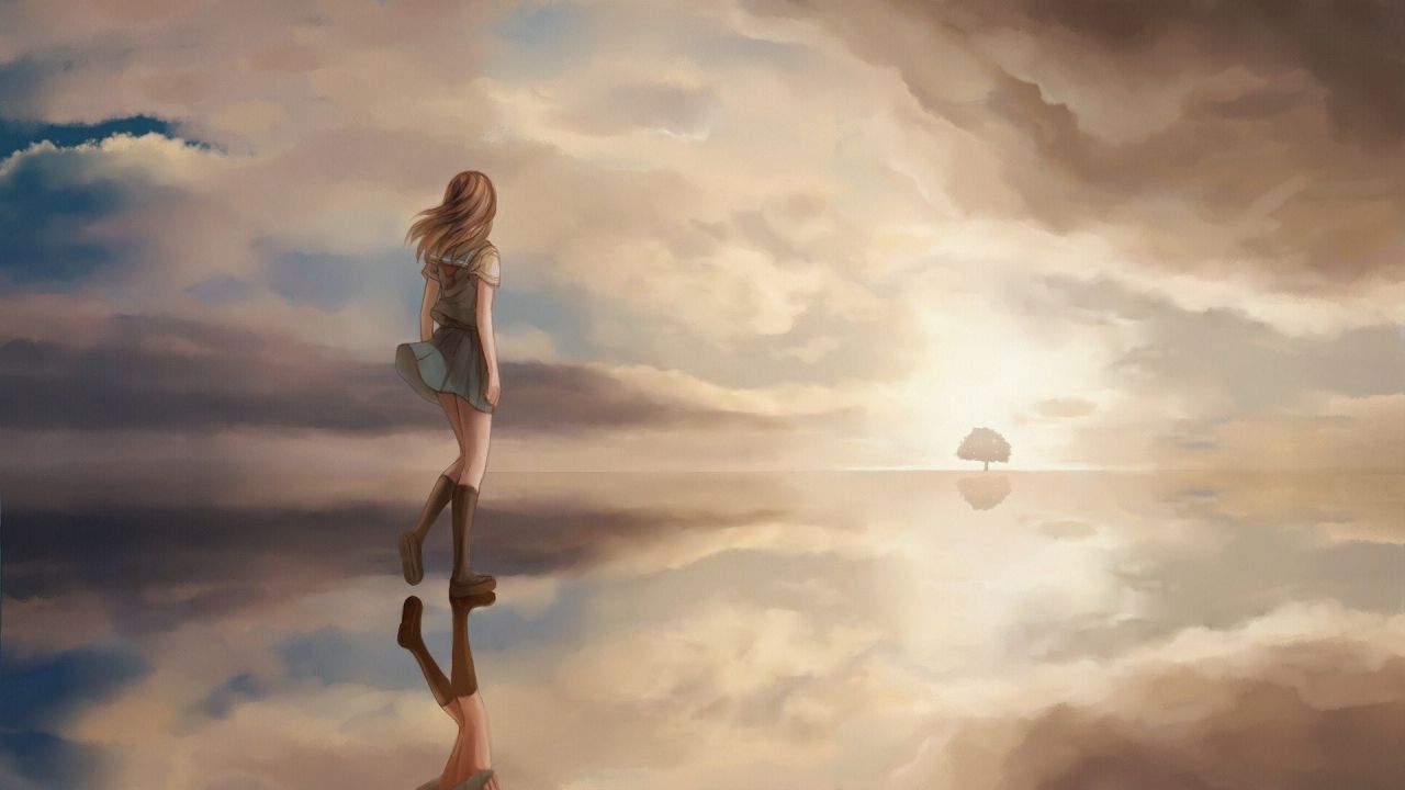 Anime girl standing vast reflective landscape cloudy sky