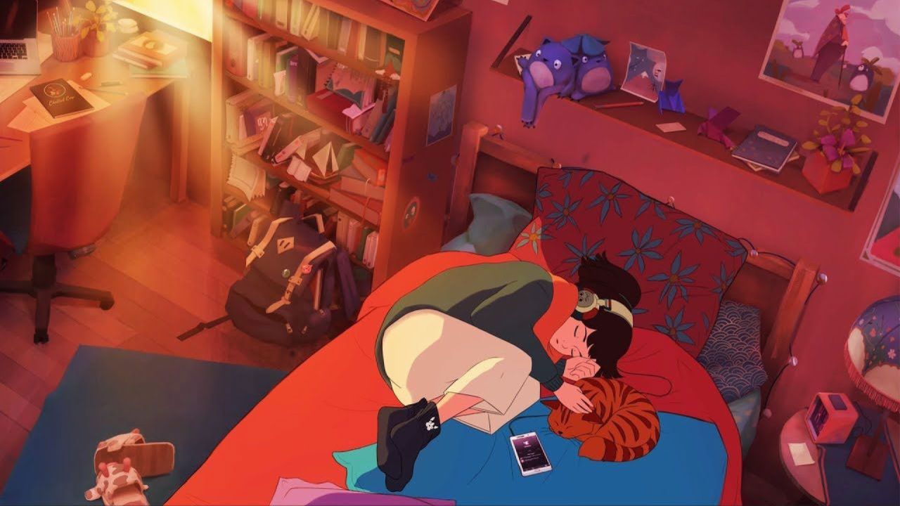 Lofi Girl sleeping with cat in cozy room sunset