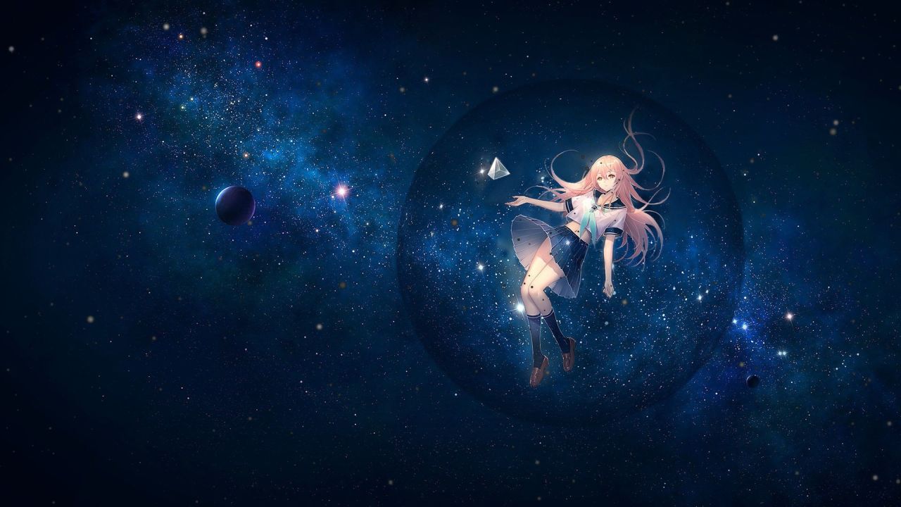 Anime girl floating in a sphere in space
