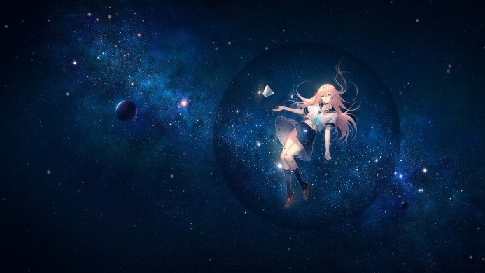 Anime girl in a sailor school uniform floating in a galaxy with a planet and a large glowing sphere