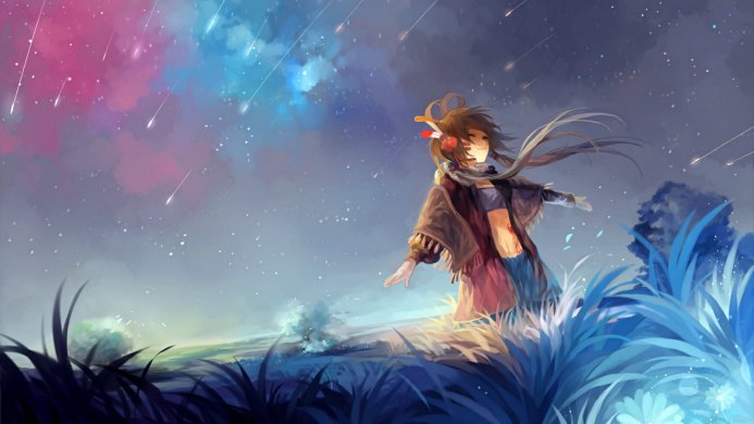 Anime girl standing in a field under a starry sky with shooting stars