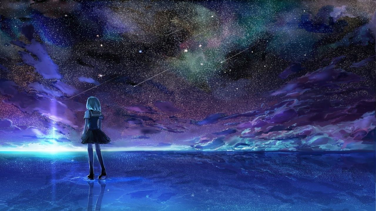 anime girl looking at starry night sky