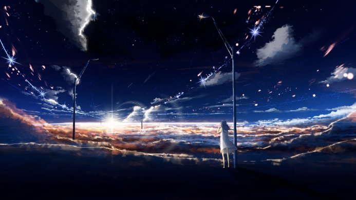 Anime girl standing under a streetlight, looking at a star filled sky with clouds