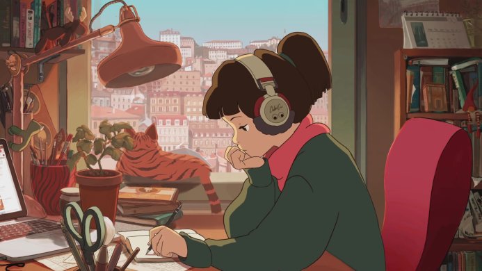 Anime girl studying at a desk with city view, wearing headphones
