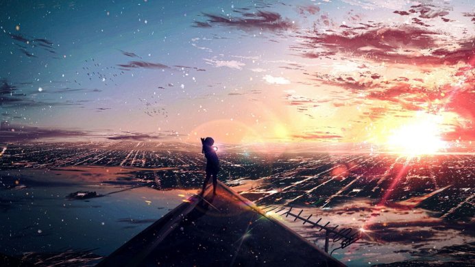Anime girl silhouette overlooking a cityscape at sunset with a colorful sky