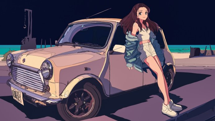 Anime girl leaning on a vintage car near the beach in pastel colors