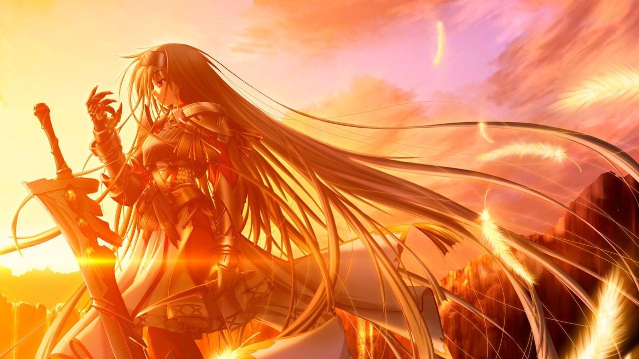 Anime warrior girl in armor with a sword at sunset