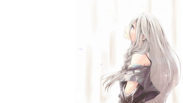 Anime girl with long white hair looking up