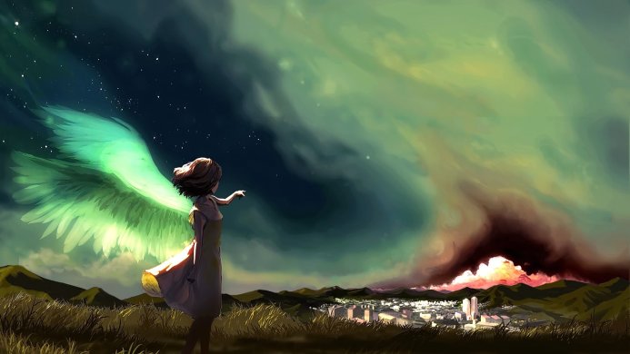 Anime girl with wings looks at the stars and the city from afar
