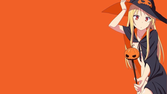 Anime girl in a witch costume with a pumpkin on an orange background