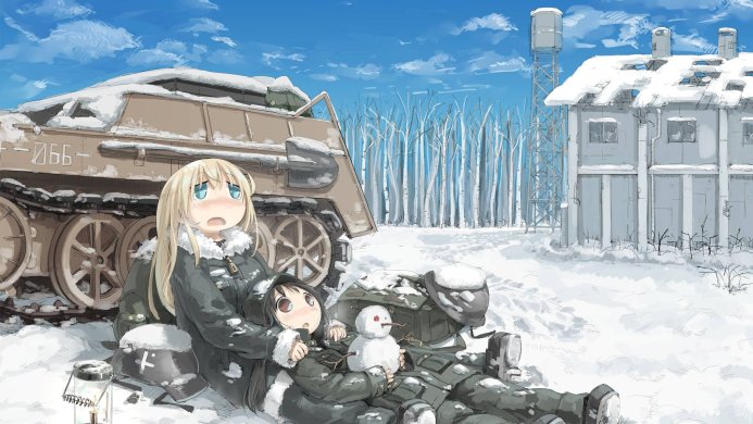 Two anime girls are sitting on the snow near a tank in winter