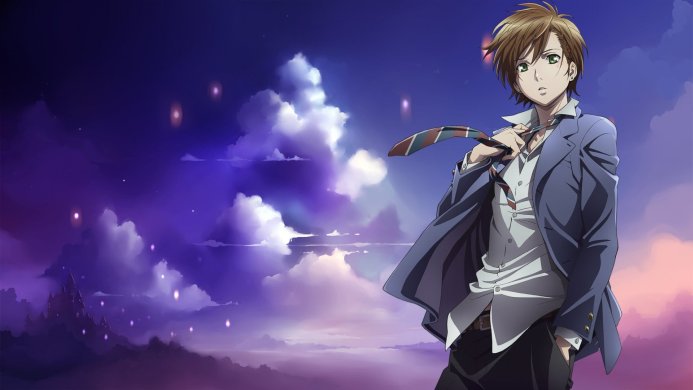 Anime guy in school uniform with a cloudy purple sky