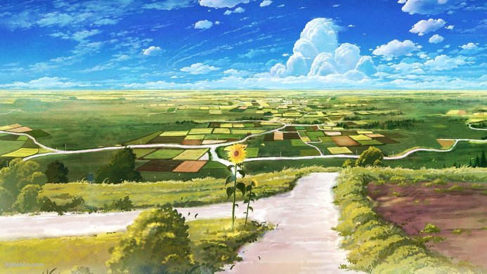 Anime landscape of fields and a sunflower under a blue sky with clouds