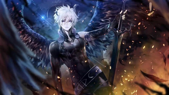 Anime warrior with white hair, black wings, holding a sword. Fantasy character