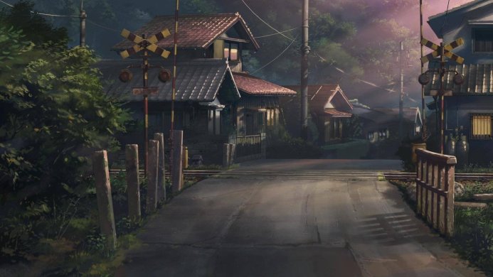 Anime-style landscape with a railroad crossing, houses, and greenery in muted cool tones