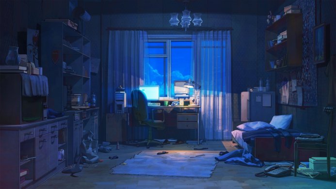 Anime-style room with a desk, computer, bed, and window at night, bathed in blue light