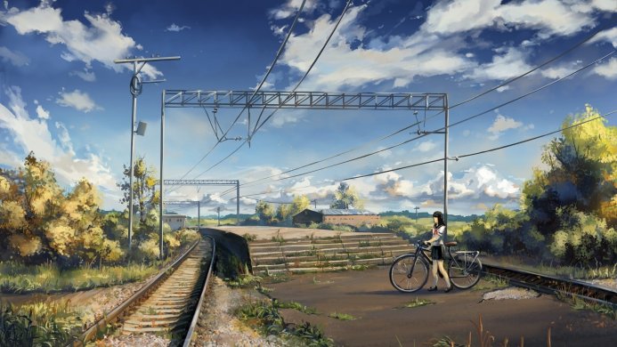 Anime schoolgirl with a bicycle stands near train tracks on a sunny day with blue sky and white clouds