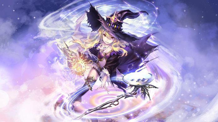Anime girl dressed as a witch holding a staff with magical energy