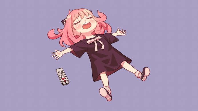 Anya Forger lying down with a remote control from Spy x Family