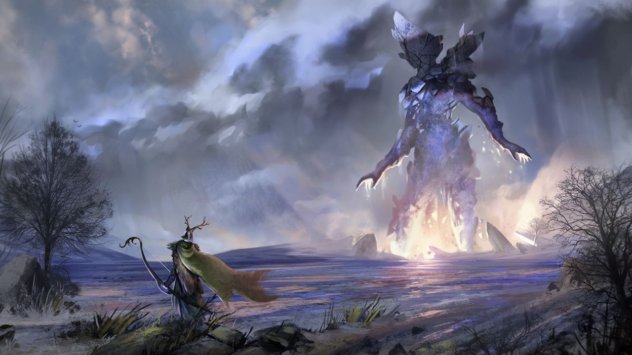 Crystal titan vs horned hunter in a fantasy scene