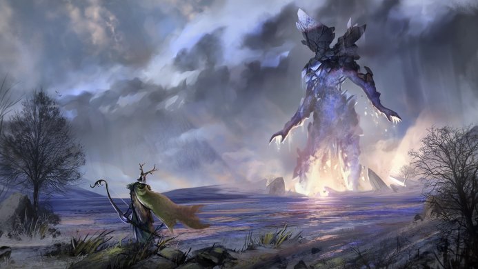 A cloaked archer facing a giant ice golem over a misty body of water with a cloudy sky
