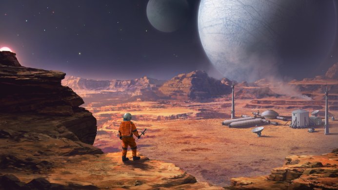 Astronaut on a rocky planet, gazing at a space station and two large moons