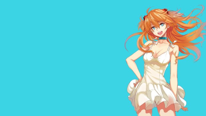 Asuka Langley Soryu from Neon Genesis Evangelion in a white dress on a blue background