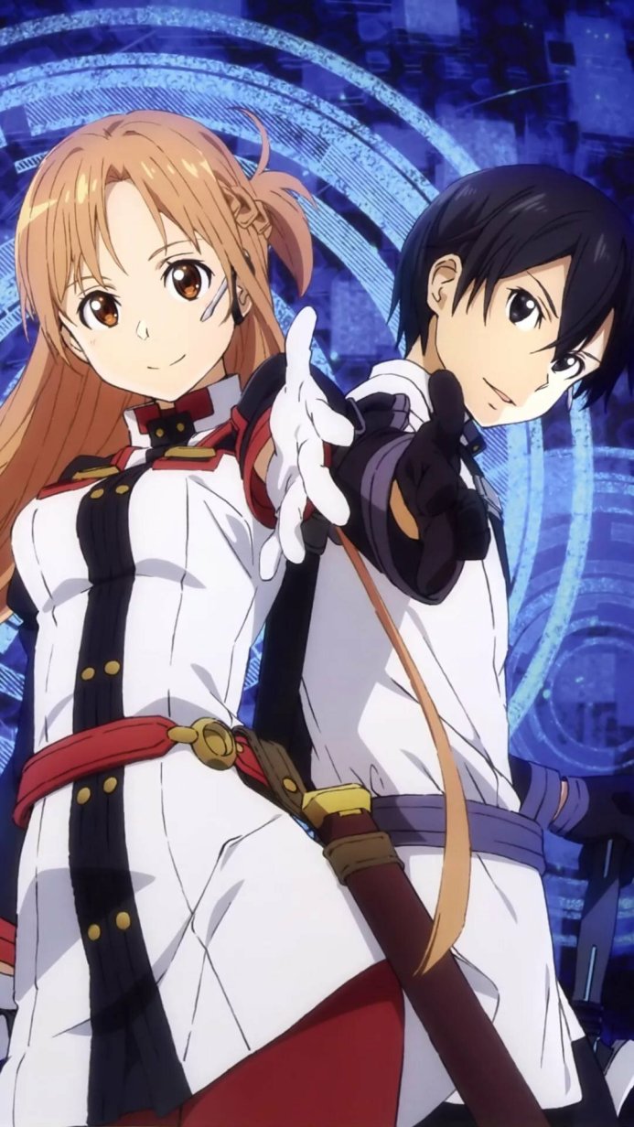 Asuna and Kirito, characters from Sword Art Online, posing in their costumes