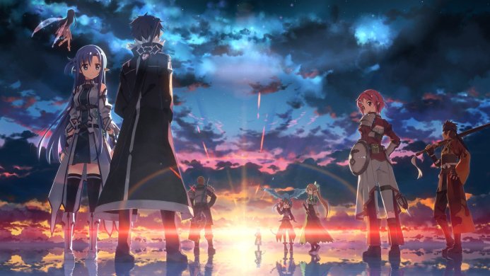 Asuna and Kirito from Sword Art Online stand against a sunset backdrop with other characters