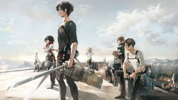 Group of characters from Attack on Titan standing on a rooftop