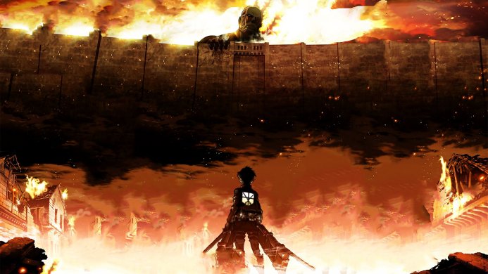 Colossal Titan peers over a wall as a lone soldier faces a burning city in Attack on Titan