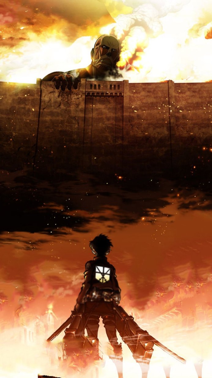 Colossal Titan towering over wall, Eren standing defiant, Attack on Titan