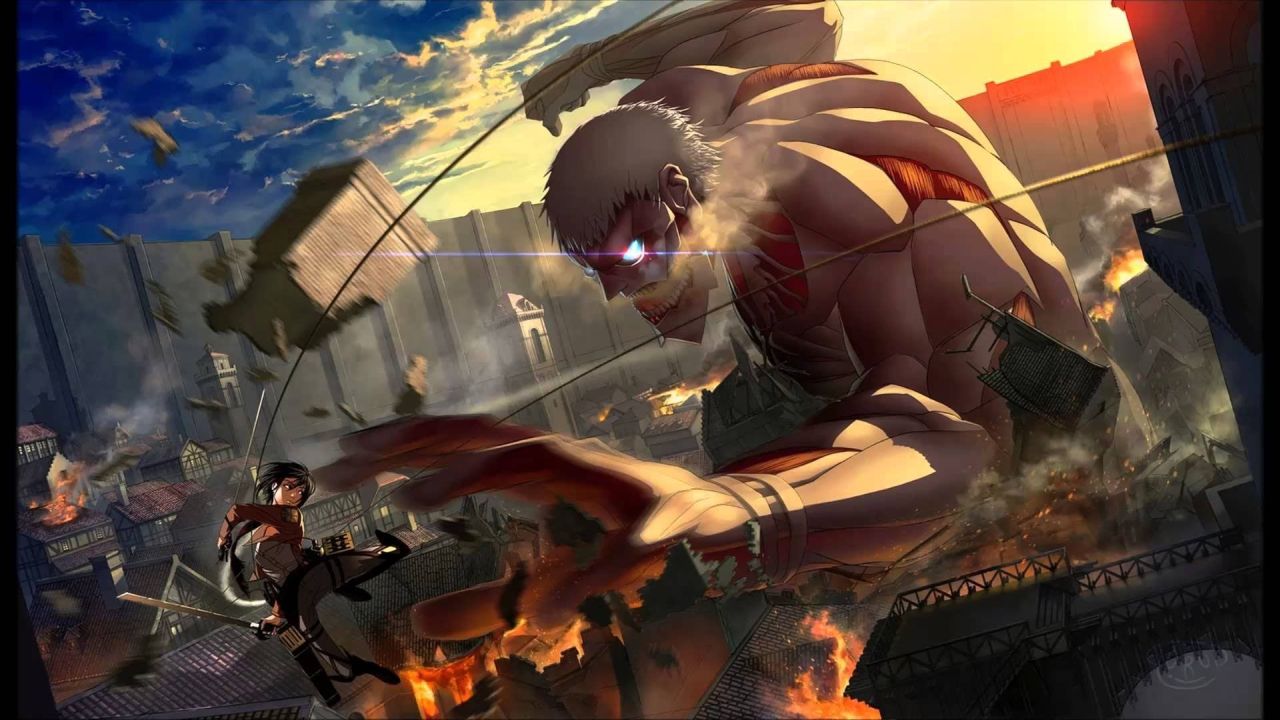Mikasa Ackerman fights Armored Titan in city destruction