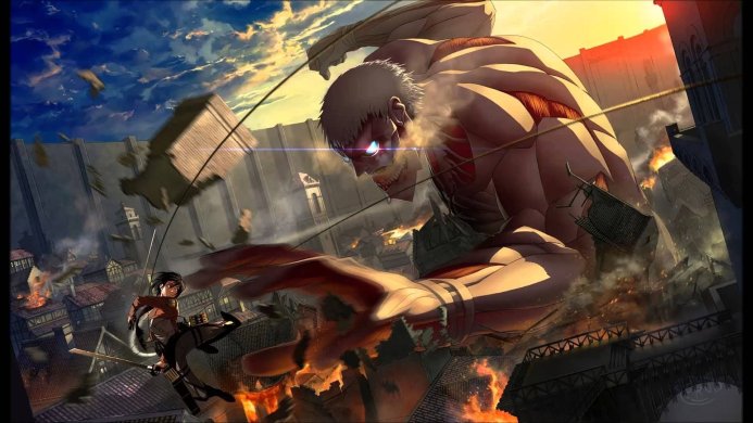 Mikasa Ackerman and the Colossal Titan from Attack on Titan, amidst destruction and falling debris