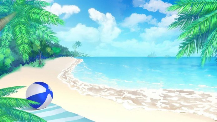 A beach scene with a beach ball on a sandy shore with tropical trees and a blue ocean in the background