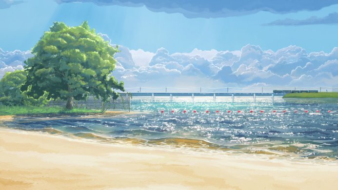 A tranquil beach scene with a tree, bridge, and clouds reflected in the water. Serene landscape art