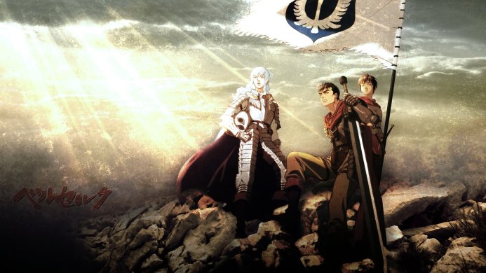 Griffith, Guts and Casca from Berserk anime standing on a hill with a flag
