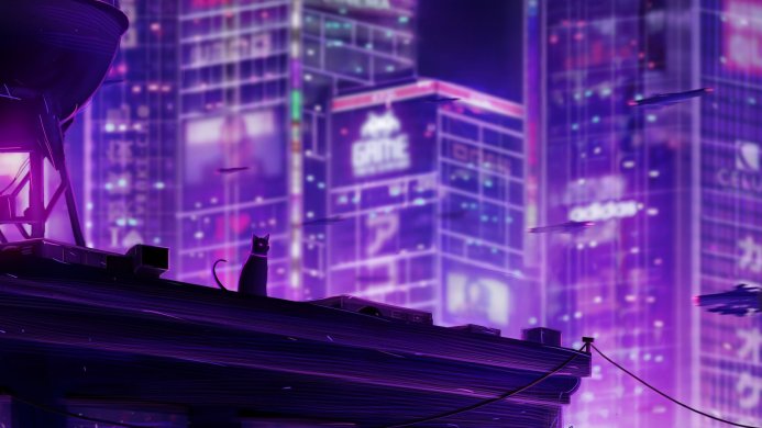 A black cat sits on a rooftop overlooking a futuristic city bathed in purple neon lights