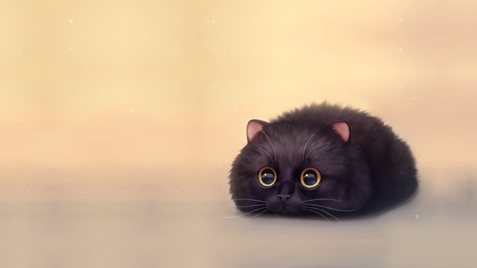 A cute black cat with golden eyes lying on a beige surface