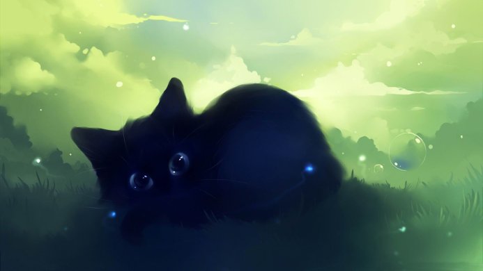 Cartoon black cat in green grass, with a green cloudy sky