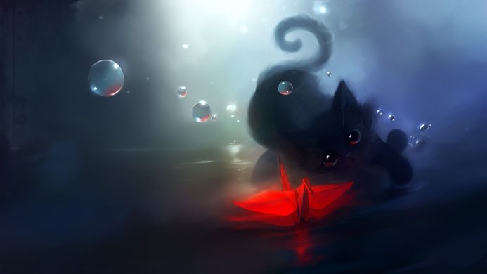 Illustration of a black cat playing with a red origami crane in water with bubbles