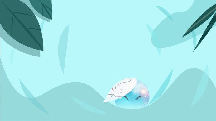 A blue slime with a white mask sits in an abstract light blue environment with green leaves