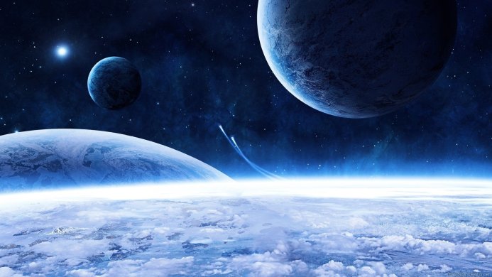 A view of three planets and numerous stars in a blue colored space scene