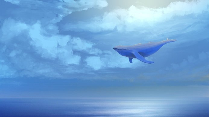 A blue whale flying in the sky above the ocean, digital art