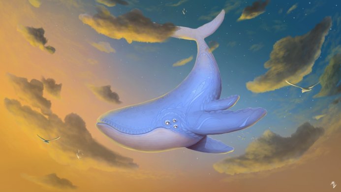 A large blue whale swimming in the sky surrounded by clouds and birds